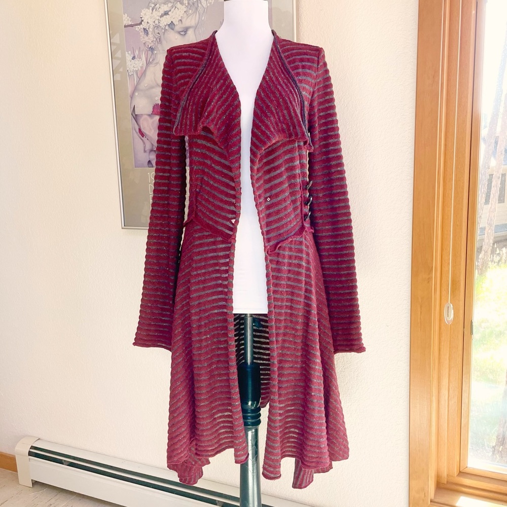 FREE PEOPLE Striped Whimsy Goth Wrap Sweater Cardigan XS S Red Gray Fairy Core - Picture 6 of 8